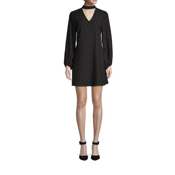 Scoop Blouson Sleeve Keyhole Mini Dress Black Red Dot Print Size M - Picture 1 of 10